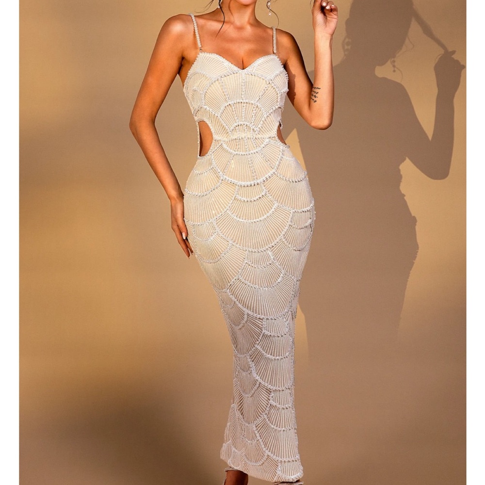 Acmefun Elvy Pearl Cutout Strap Dress - white/pearl, size S - NWT